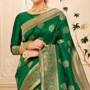 Magnetic Green Colored Festive Wear Woven Banarasi Silk Saree