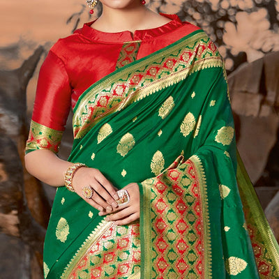 Magnetic Green Colored Festive Wear Woven Silk Saree