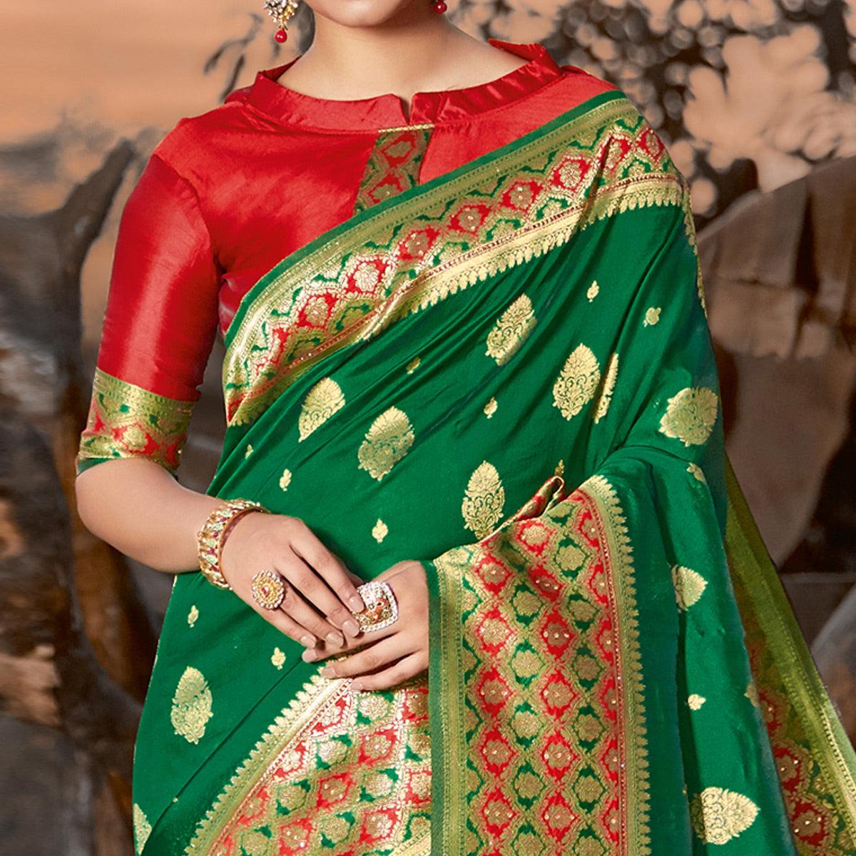 Magnetic Green Colored Festive Wear Woven Silk Saree