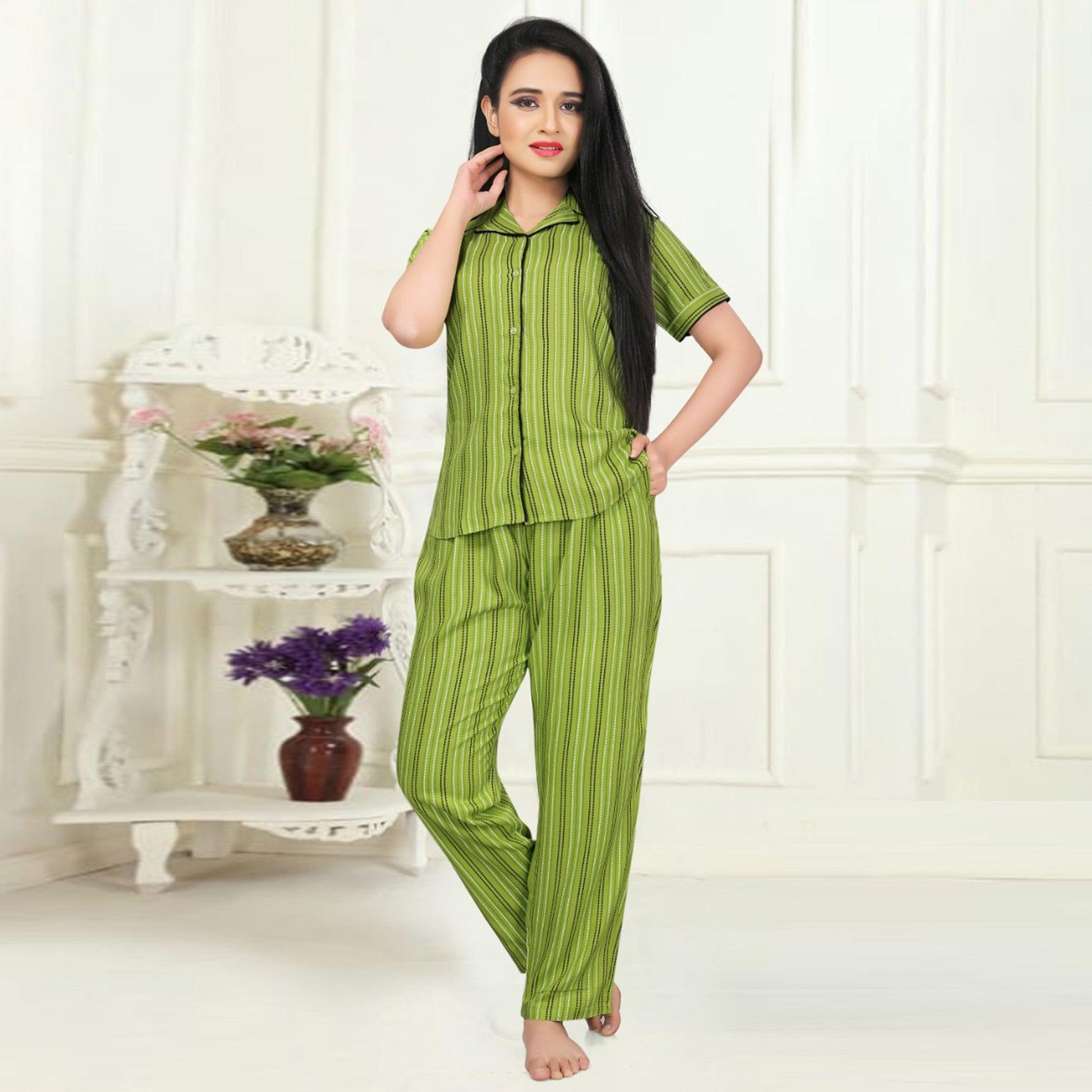 Magnetic Green Colored Printed Cotton Rayon Night Suit