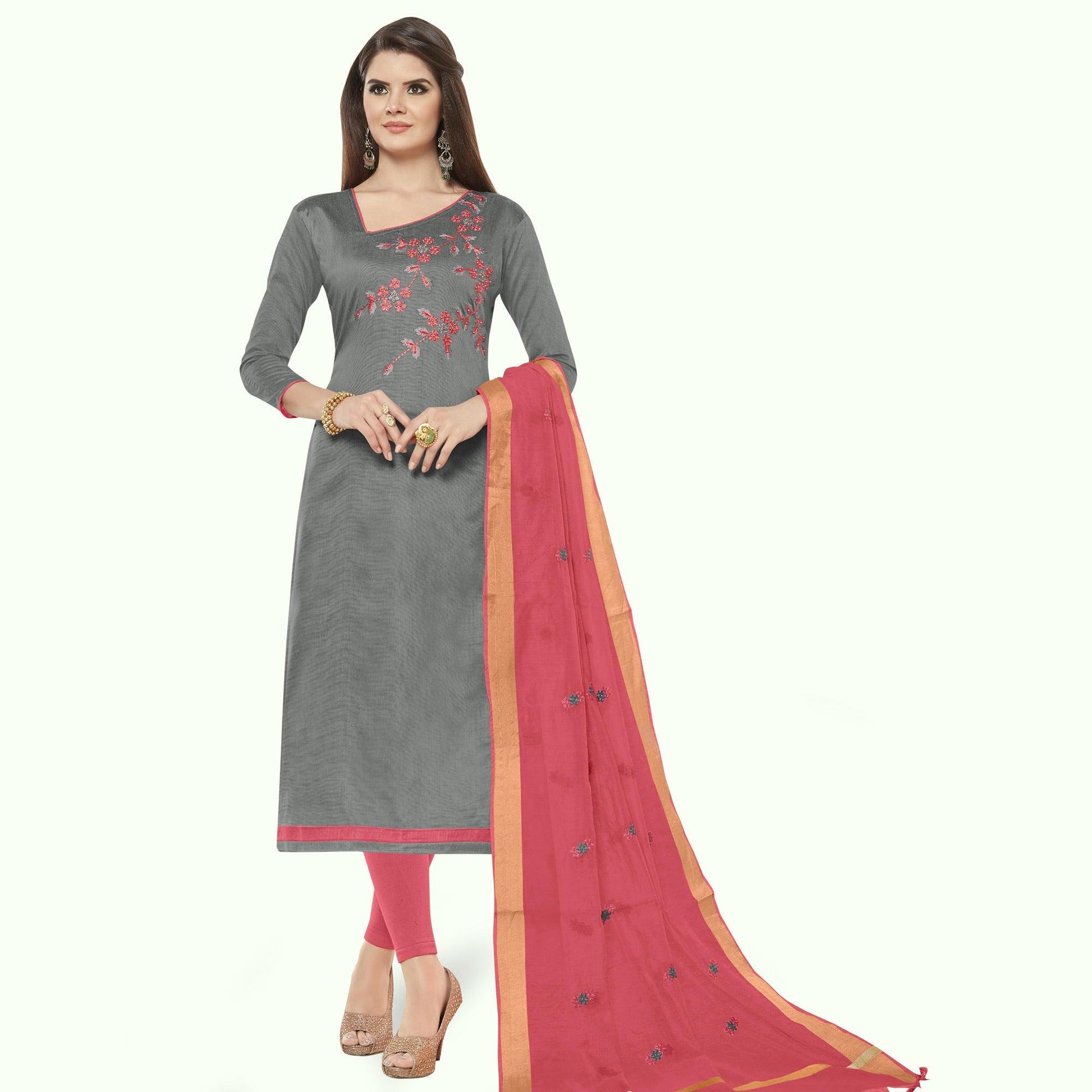 Magnetic Grey Colored Casual Wear Embroidered Cotton Dress Material