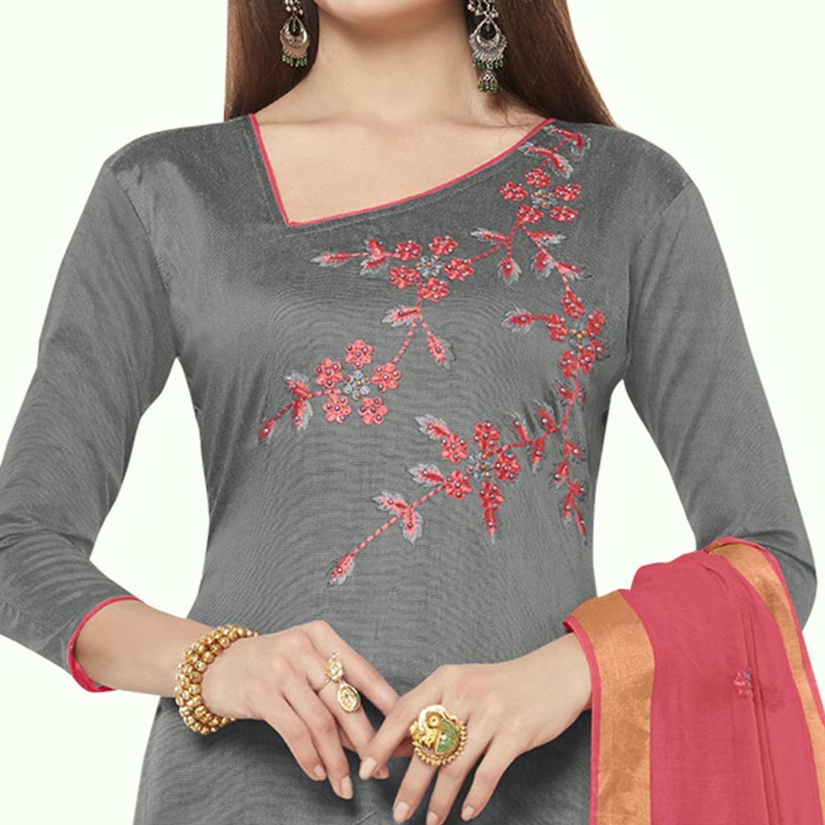 Magnetic Grey Colored Casual Wear Embroidered Cotton Dress Material