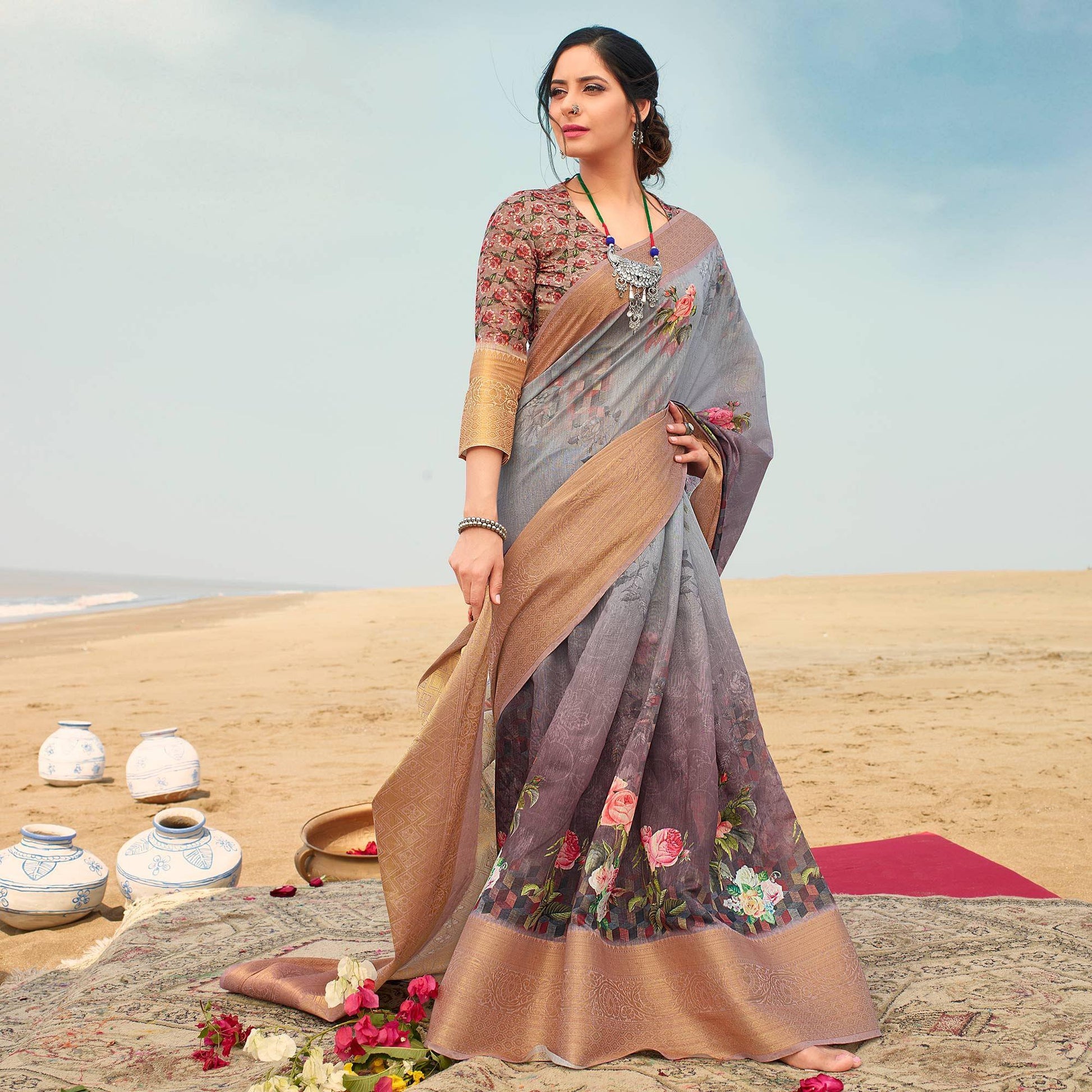 Magnetic Grey Colored Festive Wear Digital Floral Printed Linen Saree