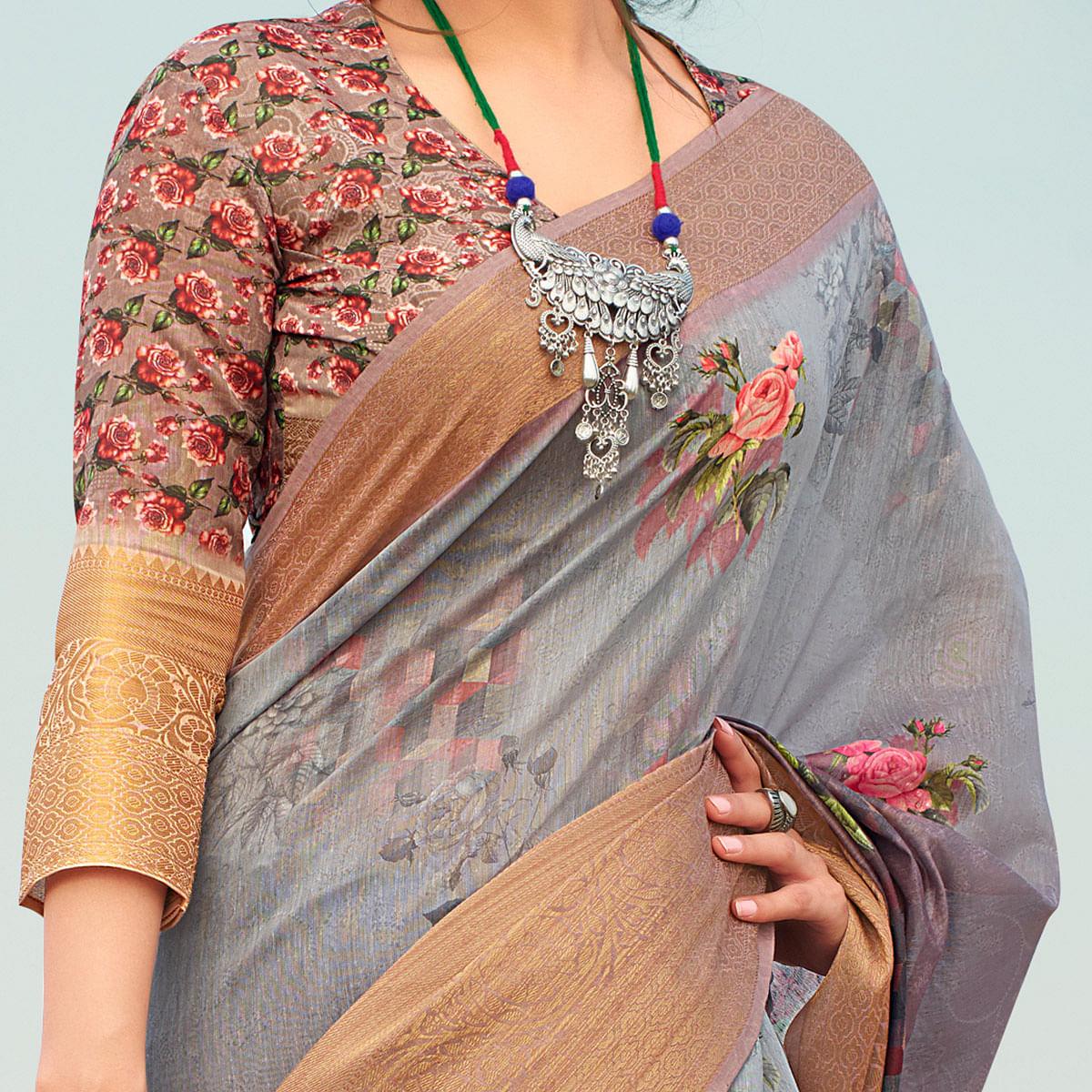 Magnetic Grey Colored Festive Wear Digital Floral Printed Linen Saree