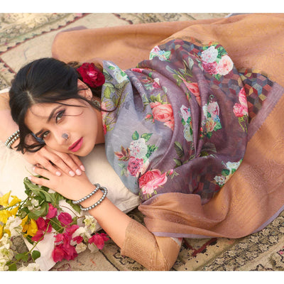Magnetic Grey Colored Festive Wear Digital Floral Printed Linen Saree