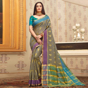 Magnetic Grey Colored Festive Wear Woven Cotton Handloom Saree