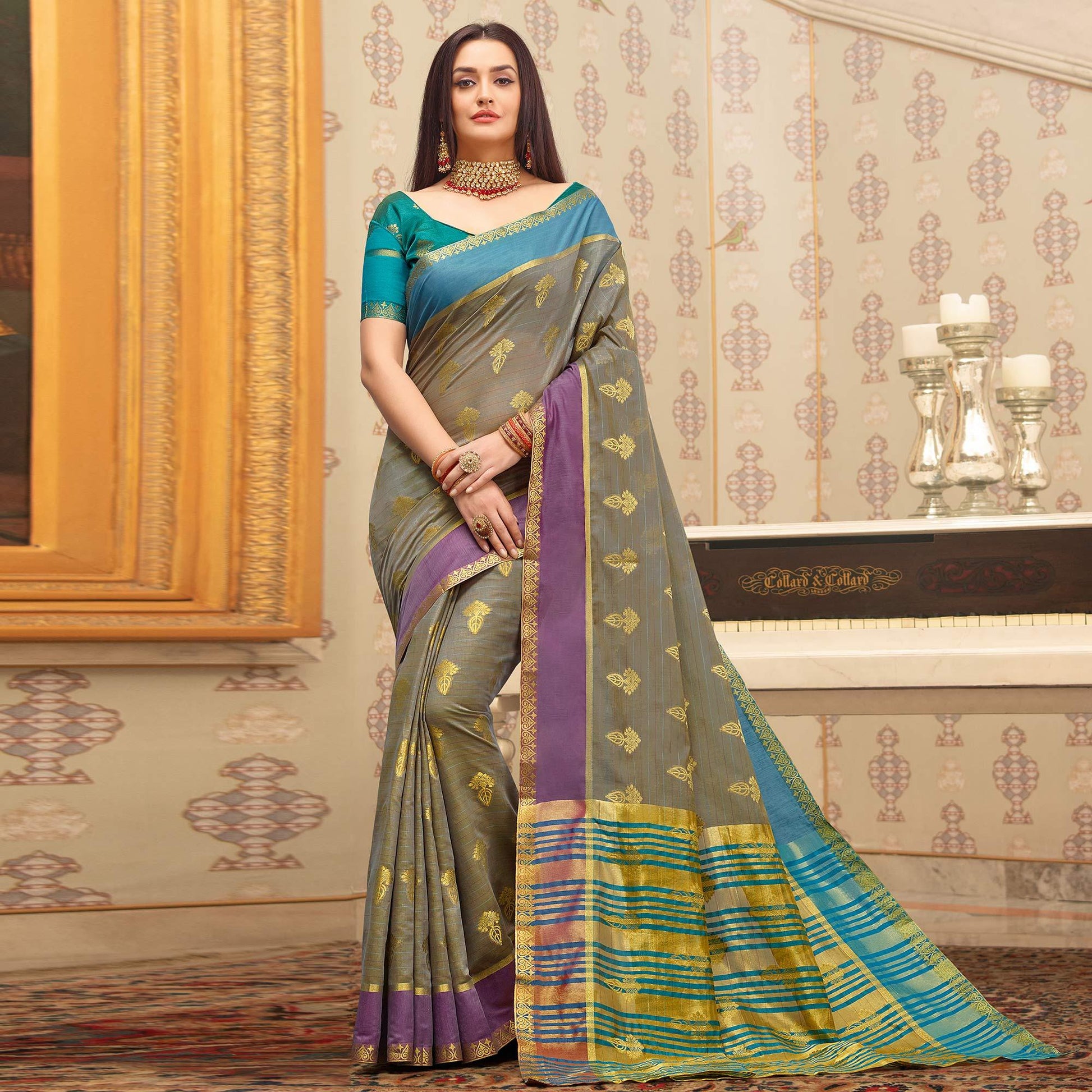 Magnetic Grey Colored Festive Wear Woven Cotton Handloom Saree