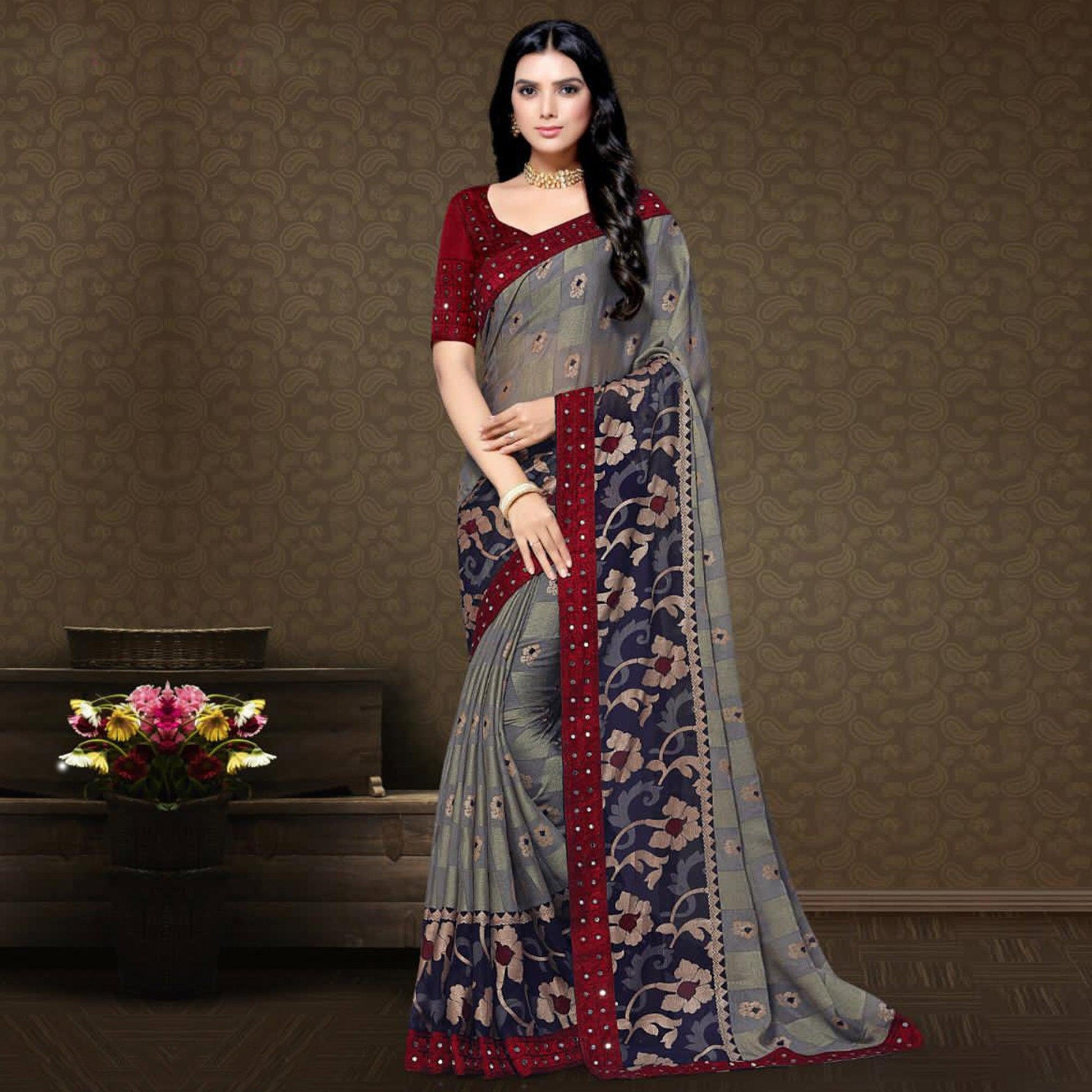 Magnetic Grey Colored Partywear Embroidered Chiffon Brasso Saree