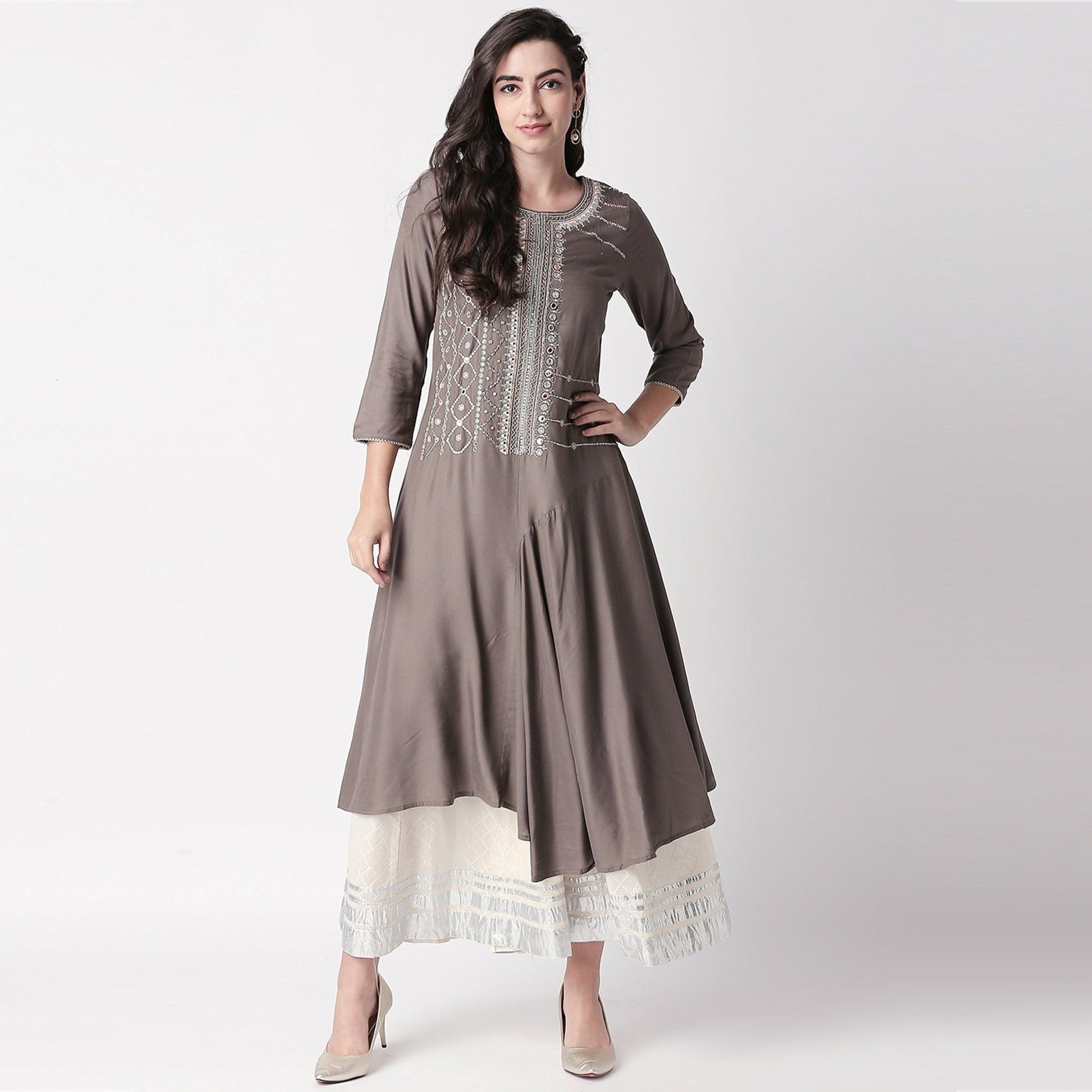 Magnetic Grey Colored Partywear Embroidered Cotton Kurti-Palazzo Set