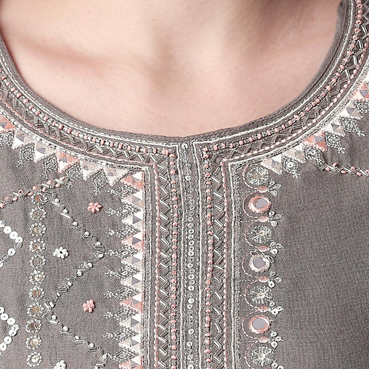 Magnetic Grey Colored Partywear Embroidered Cotton Kurti-Palazzo Set