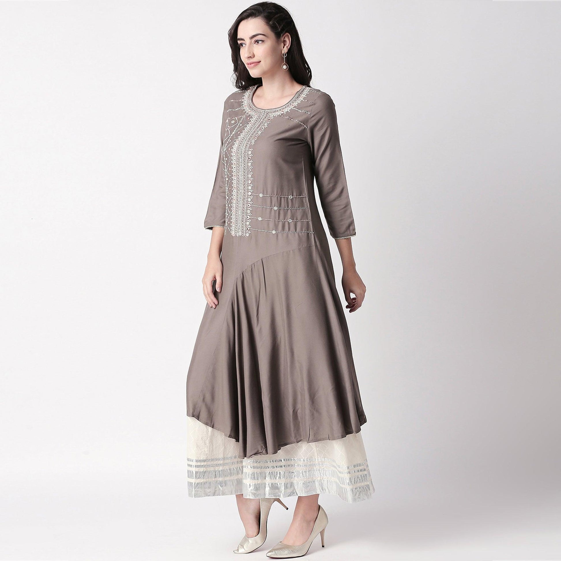 Magnetic Grey Colored Partywear Embroidered Cotton Kurti-Palazzo Set