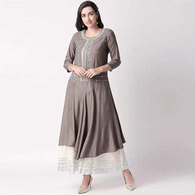 Magnetic Grey Colored Partywear Embroidered Cotton Kurti-Palazzo Set