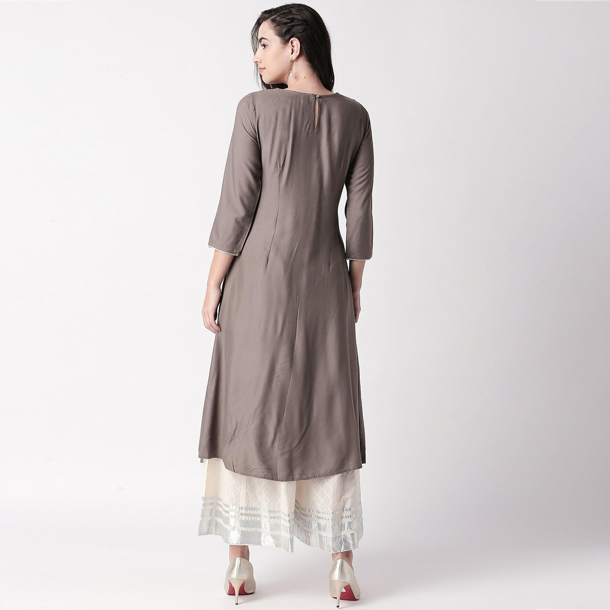 Magnetic Grey Colored Partywear Embroidered Cotton Kurti-Palazzo Set