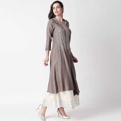 Magnetic Grey Colored Partywear Embroidered Cotton Kurti-Palazzo Set