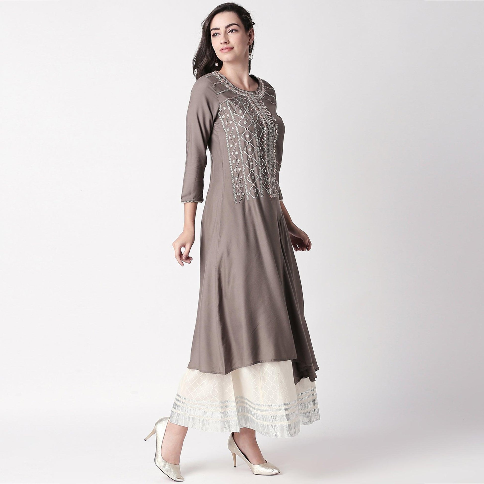 Magnetic Grey Colored Partywear Embroidered Cotton Kurti-Palazzo Set