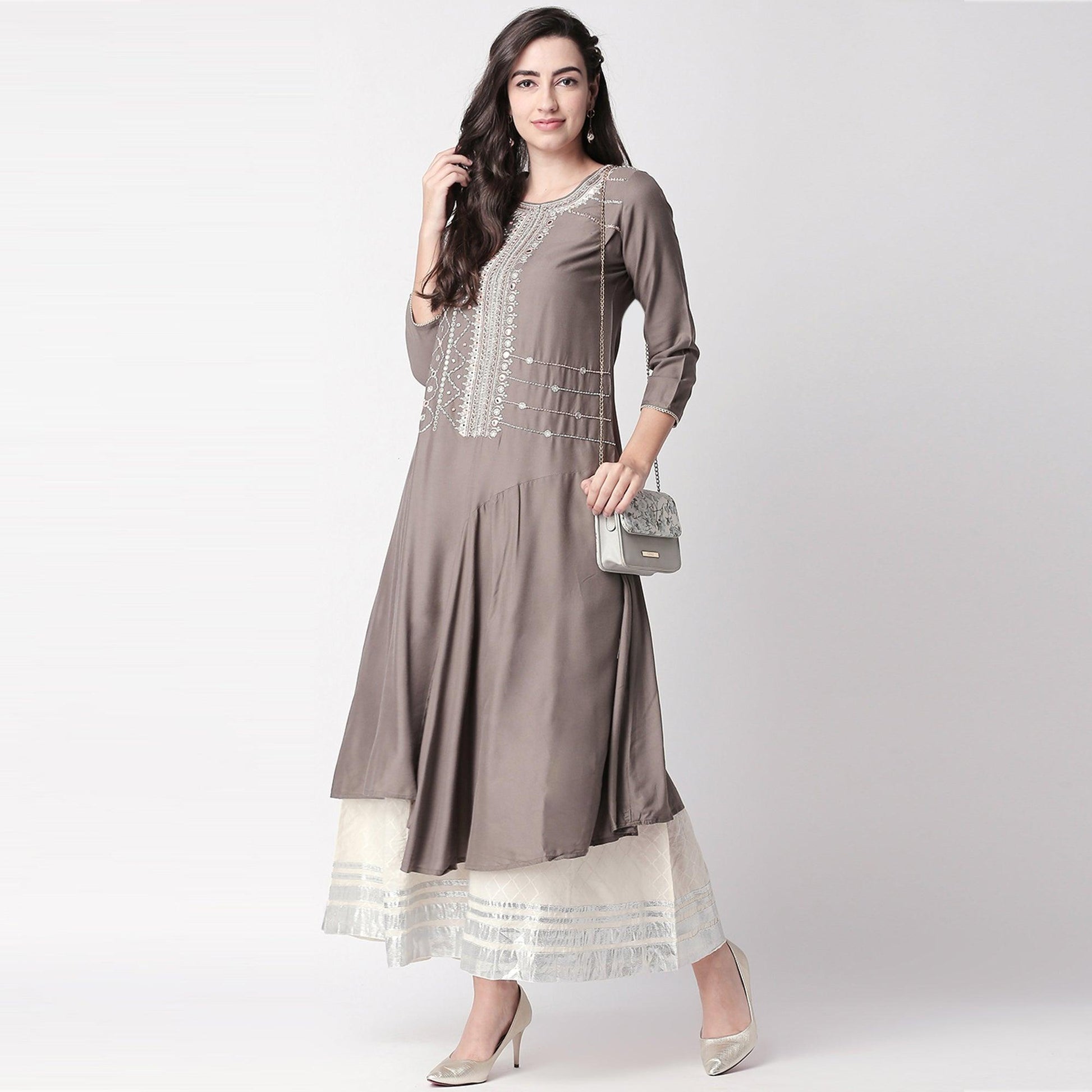 Magnetic Grey Colored Partywear Embroidered Cotton Kurti-Palazzo Set