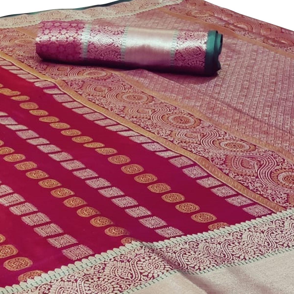 Magnetic Maroon Colored Festive Wear Woven Silk Saree