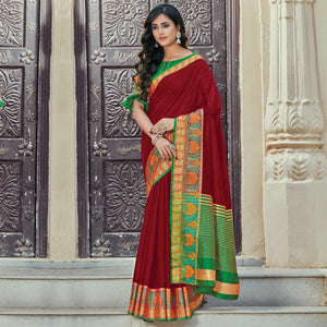 Magnetic Maroon Coloured Casual Wear Woven Cotton Handloom Saree