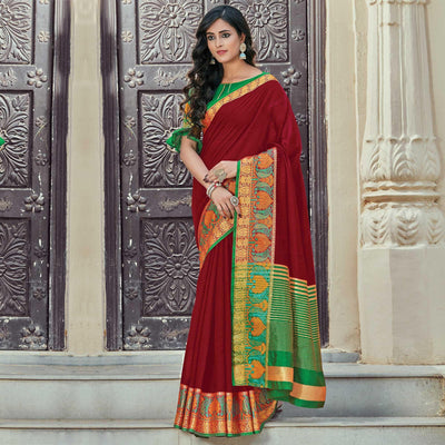 Magnetic Maroon Coloured Casual Wear Woven Cotton Handloom Saree