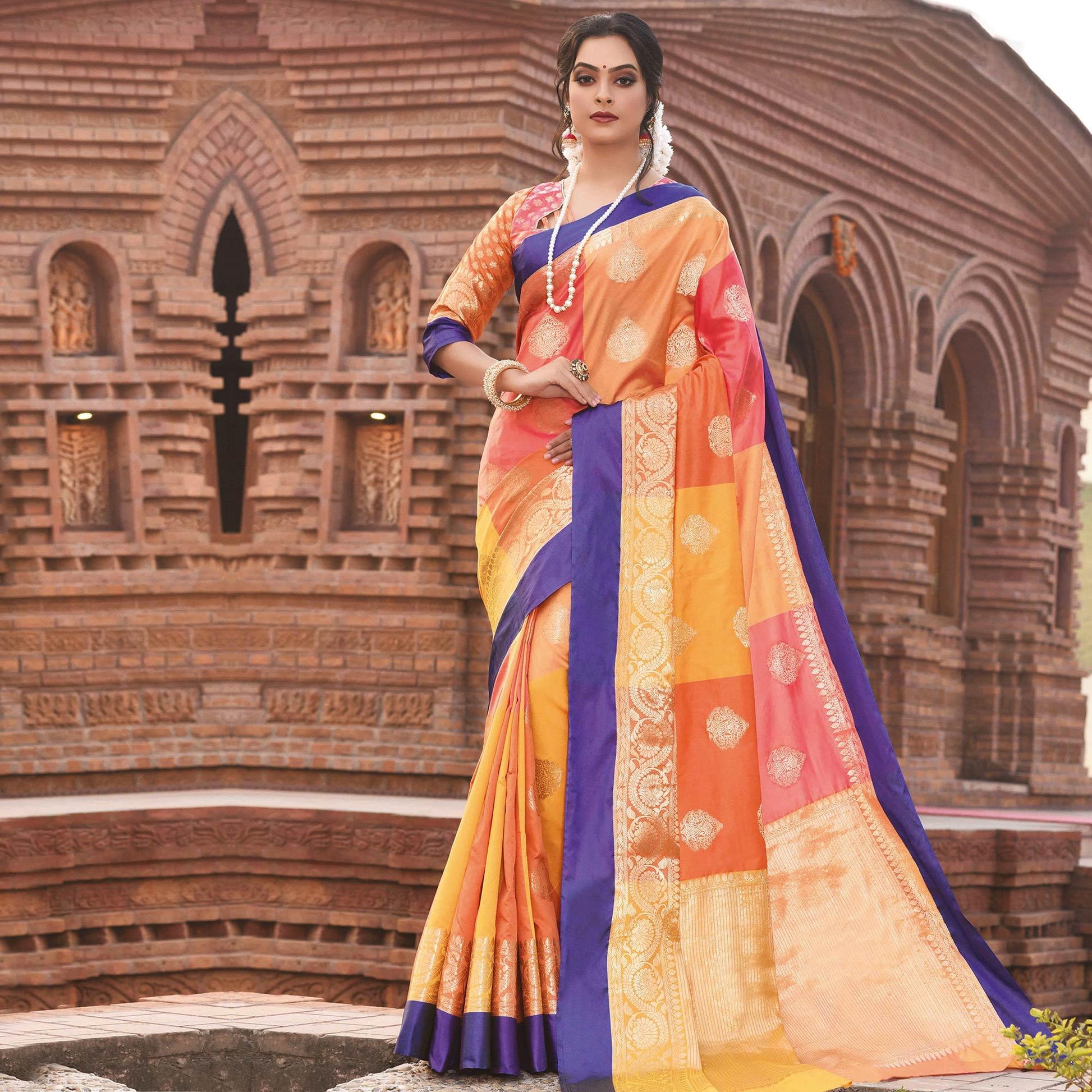 Magnetic Multi Colored Festive Wear Woven Handloom Silk Saree