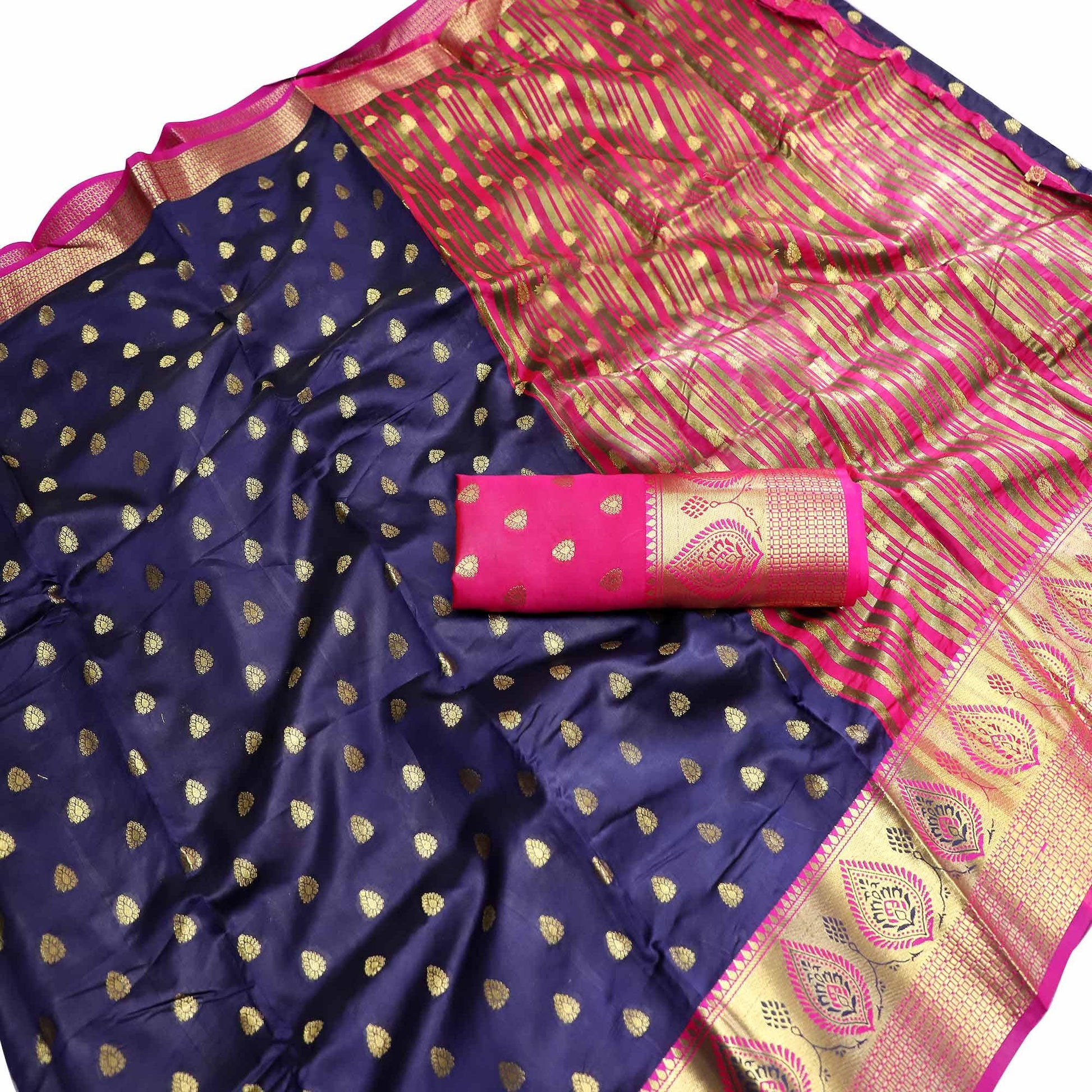 Magnetic Navy Blue Colored Festive Wear Woven Litchi Kota Silk Saree