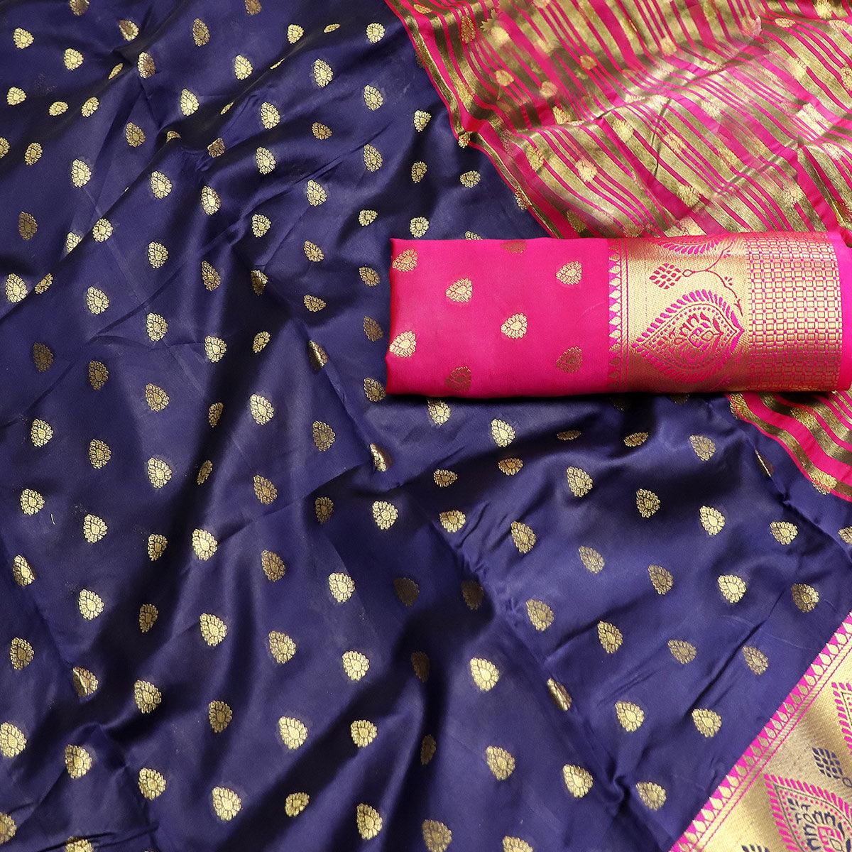 Magnetic Navy Blue Colored Festive Wear Woven Litchi Kota Silk Saree