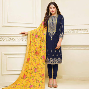 Magnetic Navy Blue Colored Partywear Embroidered Georgette Satin Suit