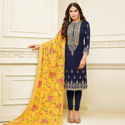Magnetic Navy Blue Colored Partywear Embroidered Georgette Satin Suit