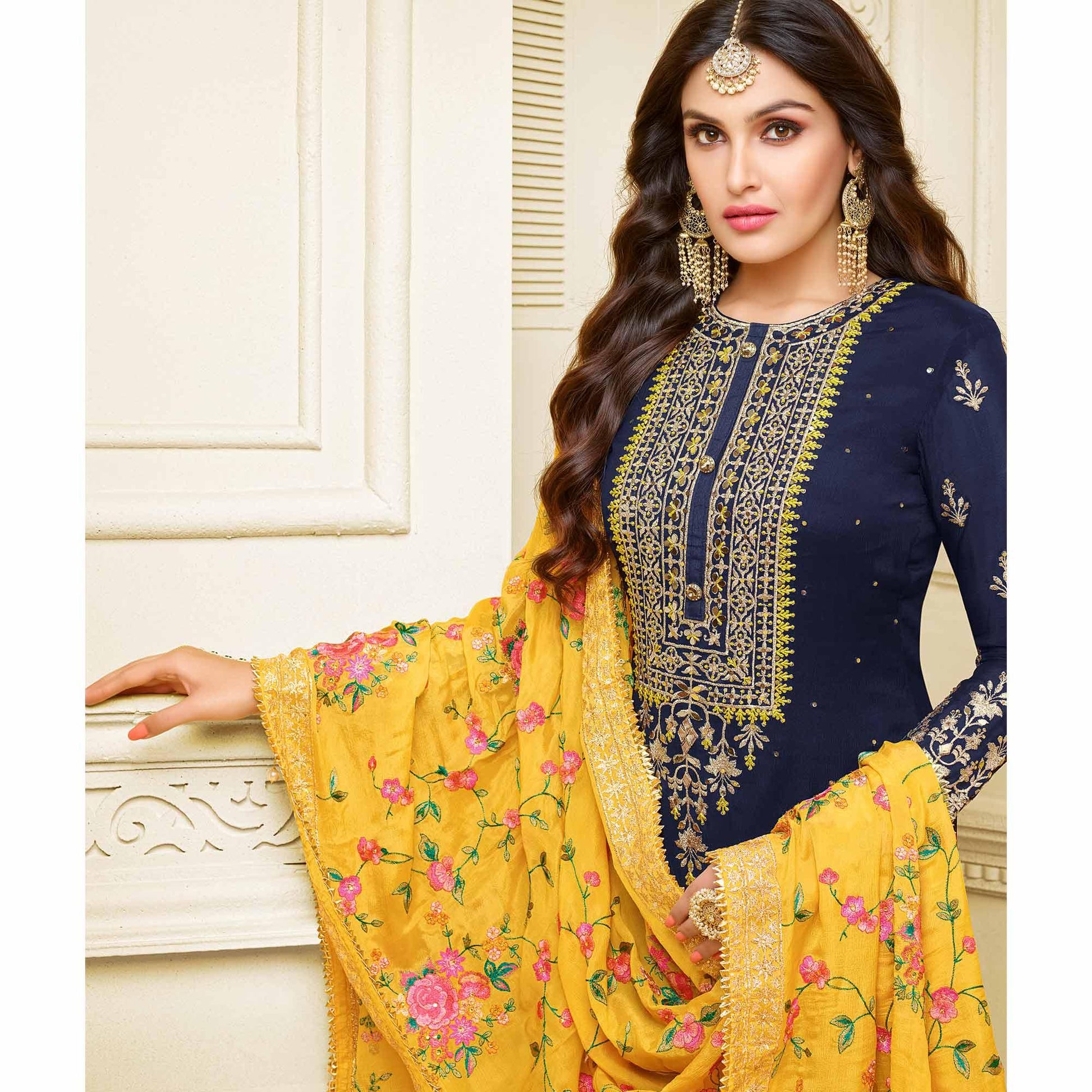 Magnetic Navy Blue Colored Partywear Embroidered Georgette Satin Suit