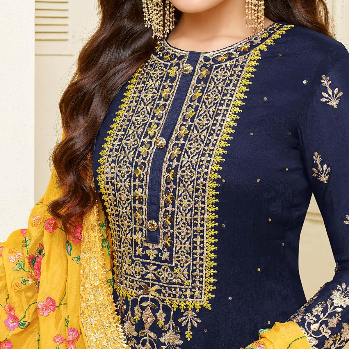 Magnetic Navy Blue Colored Partywear Embroidered Georgette Satin Suit