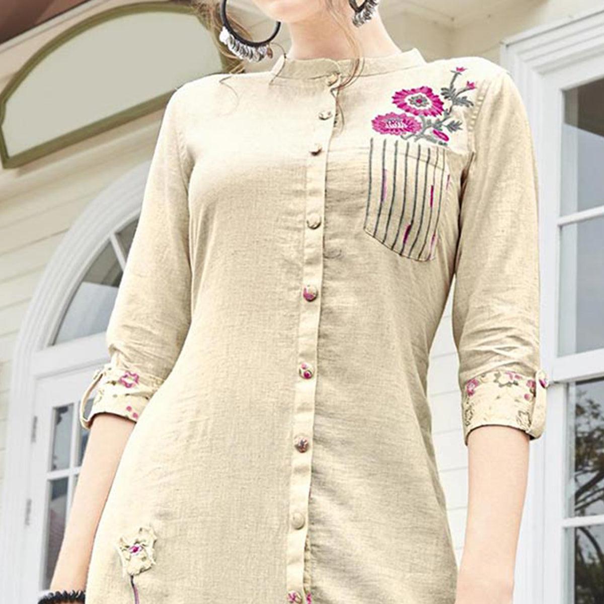 Magnetic Off-White Colored Partywear Khadi Fancy Kurti