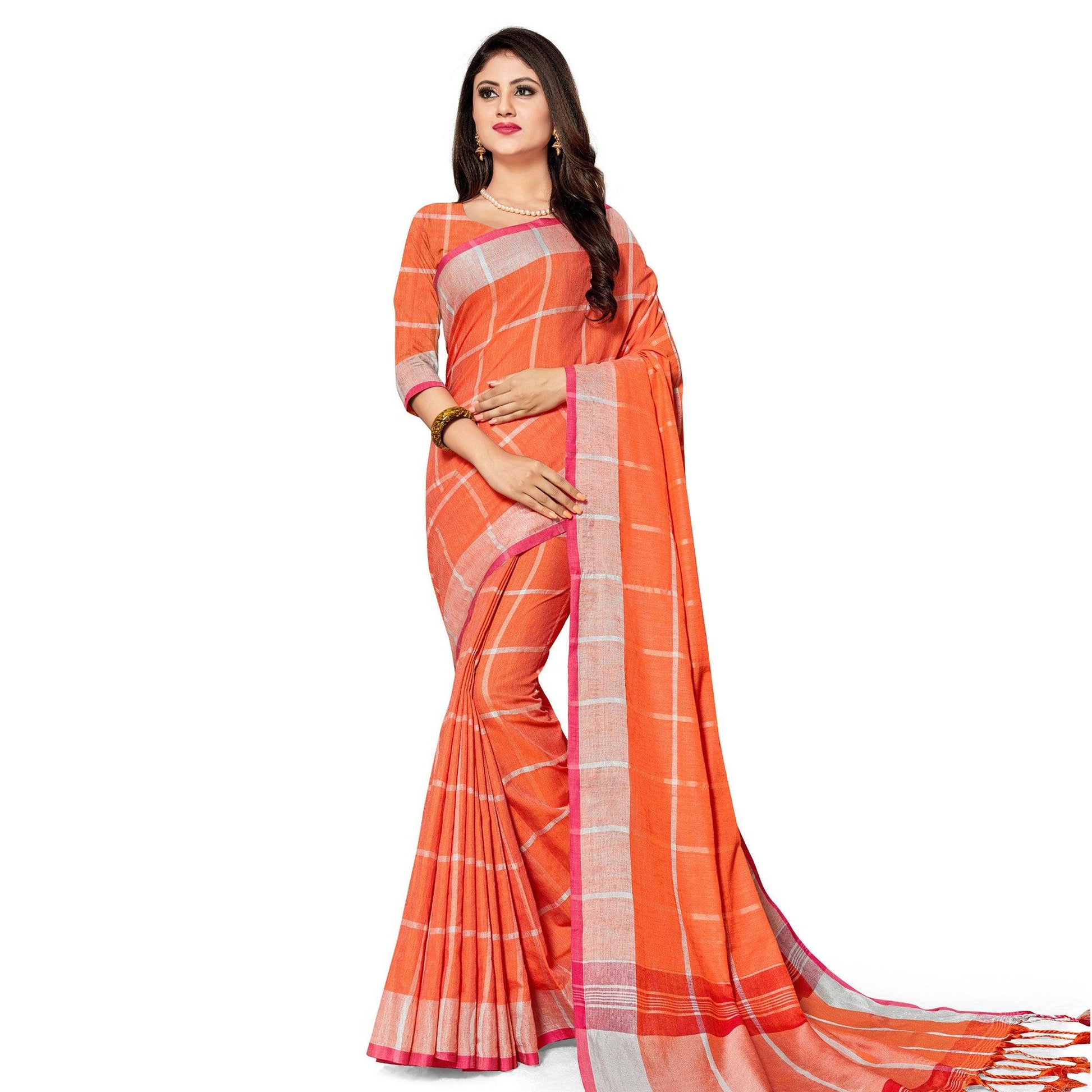 Magnetic Orange Colored Fesive Wear Stripe Print Cotton Silk Saree With Tassels