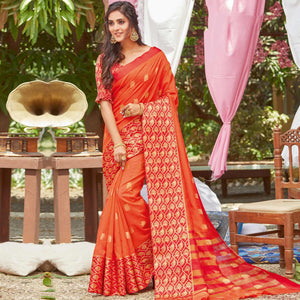 Magnetic Orange Coloured Casual Wear Embroidered Crystal Silk Saree