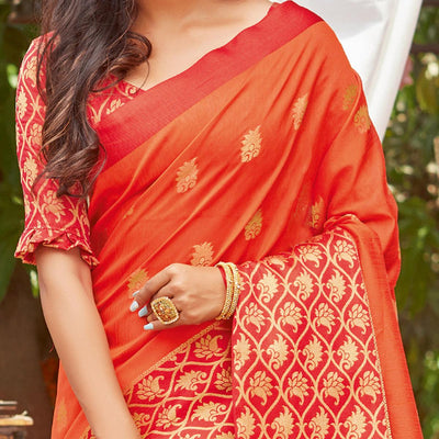 Magnetic Orange Coloured Casual Wear Embroidered Crystal Silk Saree