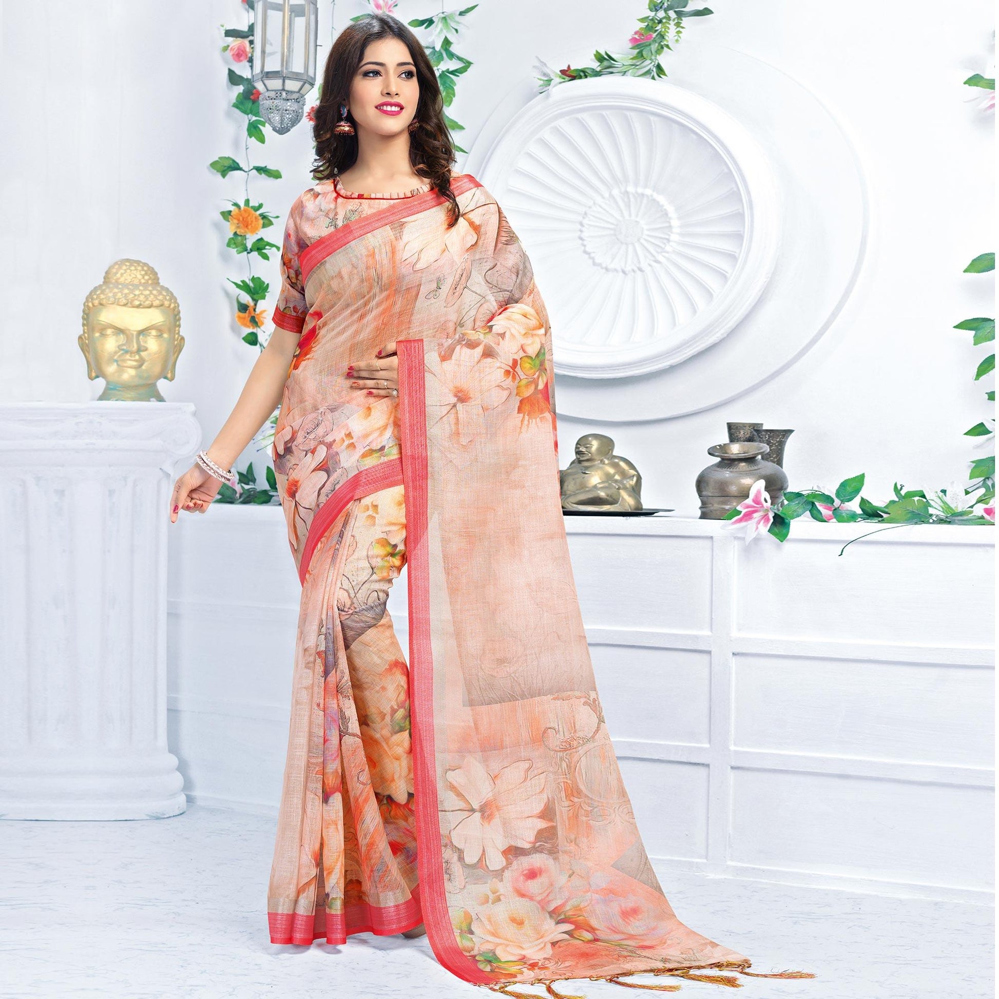 Magnetic Pastel Peach Colored Casual Wear Printed Pure Linen Saree