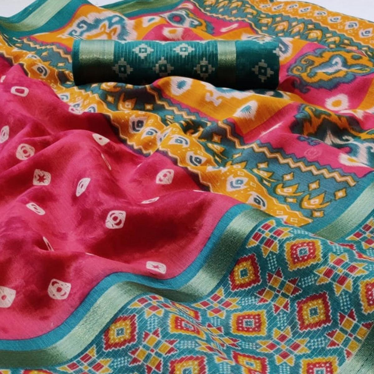 Magnetic Pink Colored Casual Wear Printed Cotton Saree