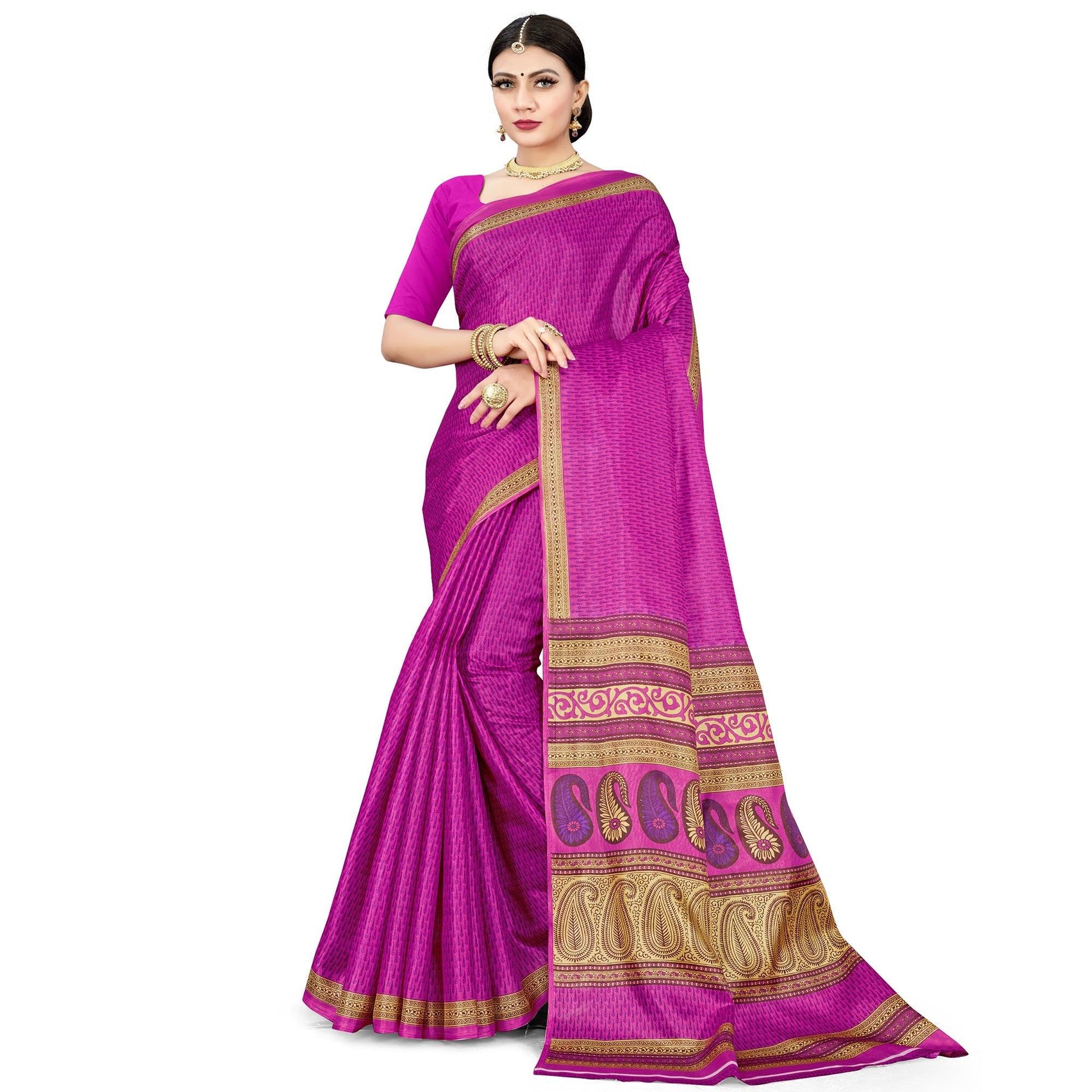 Magnetic Pink Colored Casual Wear Printed Cotton Silk Saree
