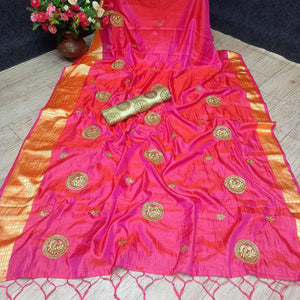 Magnetic Pink Colored Festive Wear Woven Banarasi Silk Saree With Tassels