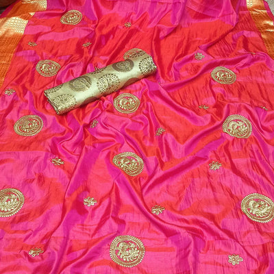 Magnetic Pink Colored Festive Wear Woven Banarasi Silk Saree With Tassels