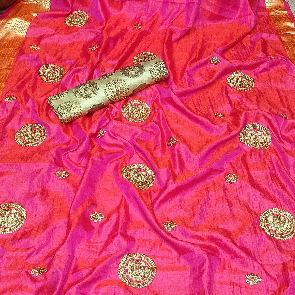 Magnetic Pink Colored Festive Wear Woven Banarasi Silk Saree With Tassels