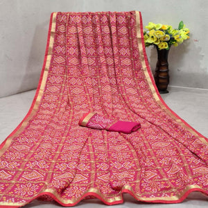 Magnetic Pink Colored Festive Wear Woven Moss Georgette Saree