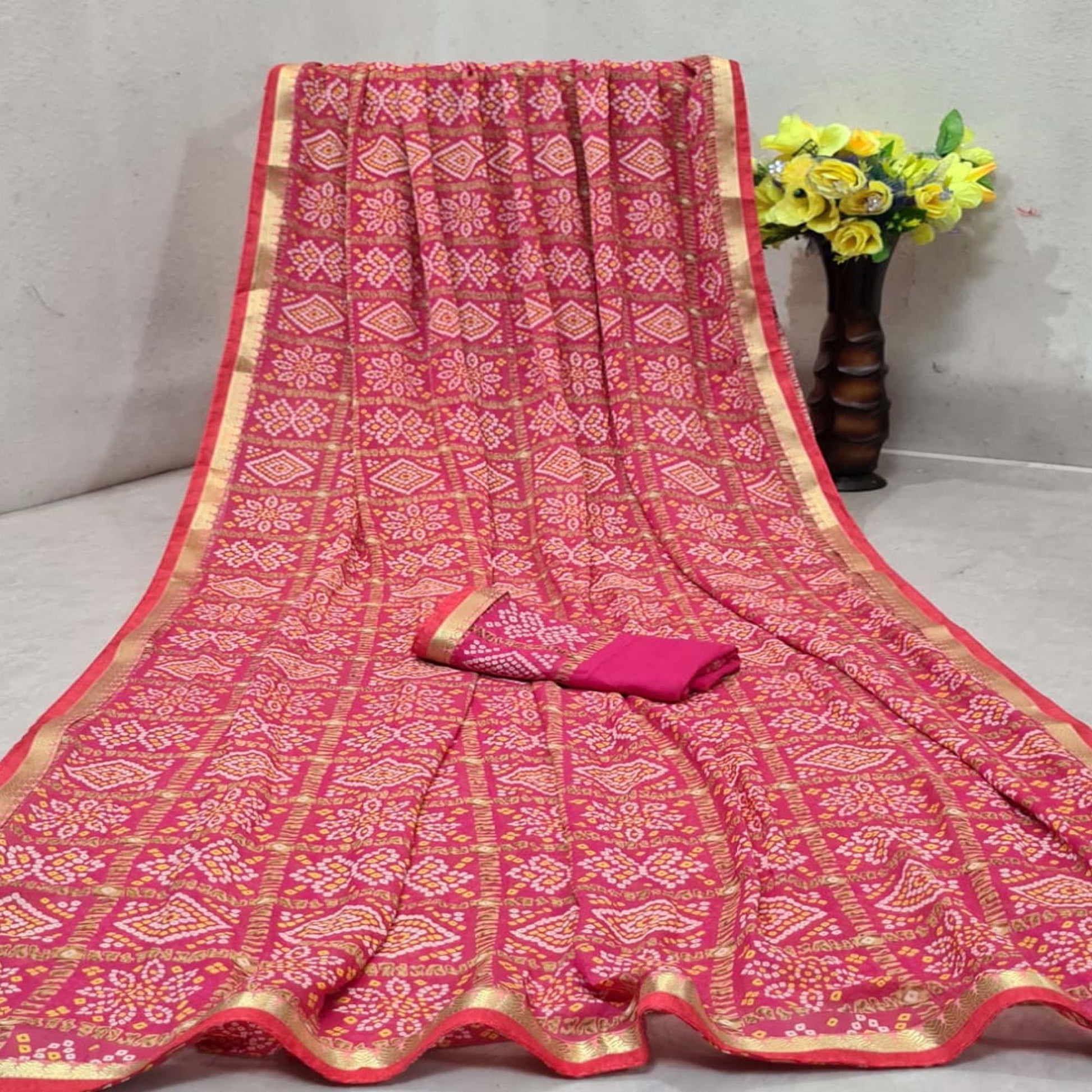 Magnetic Pink Colored Festive Wear Woven Moss Georgette Saree