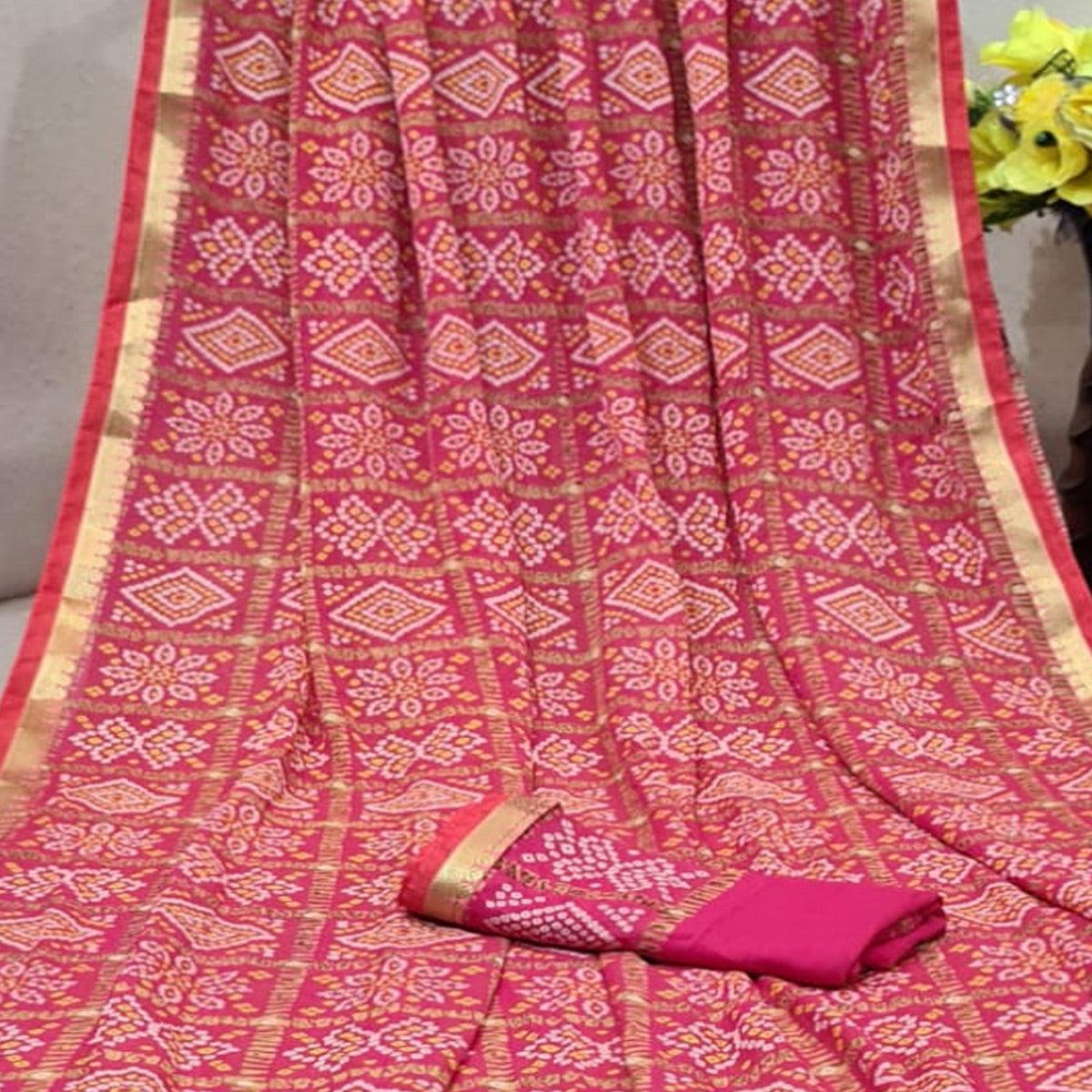 Magnetic Pink Colored Festive Wear Woven Moss Georgette Saree