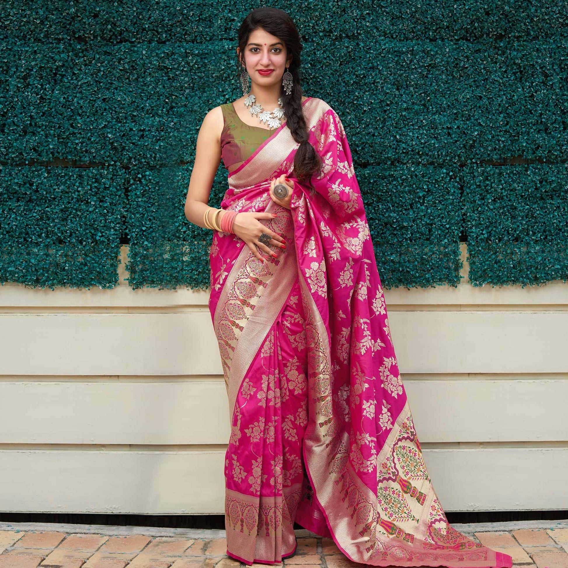 Magnetic pink Colored Festive Wear Woven Silk Saree