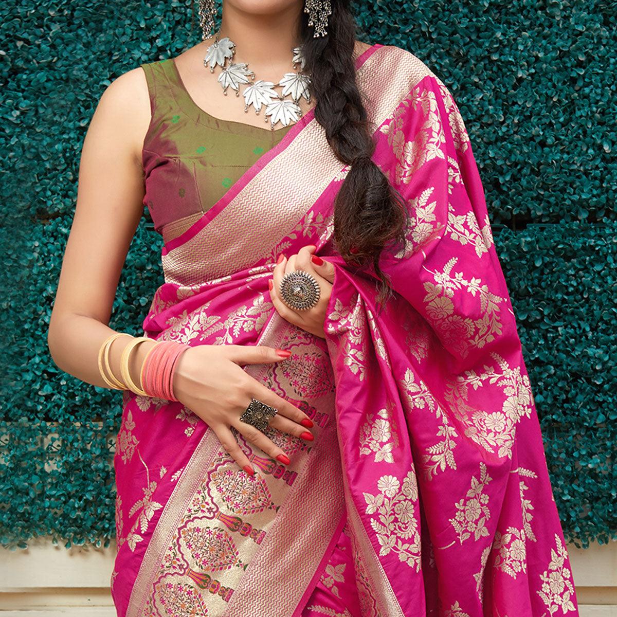 Magnetic pink Colored Festive Wear Woven Silk Saree