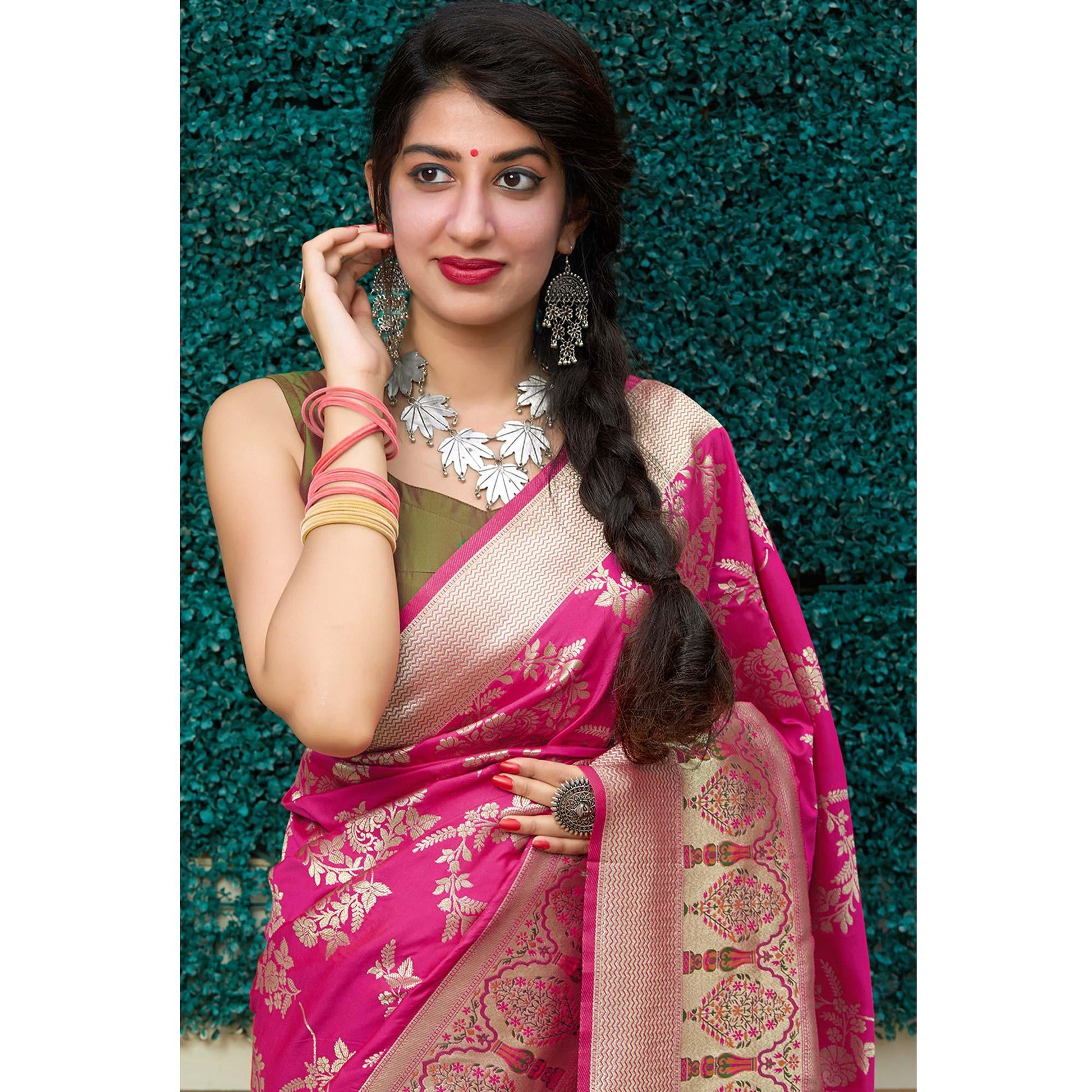 Magnetic pink Colored Festive Wear Woven Silk Saree
