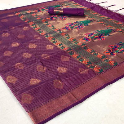 Magnetic Purple Colored Festive Wear Woven Pure Soft Silk Saree
