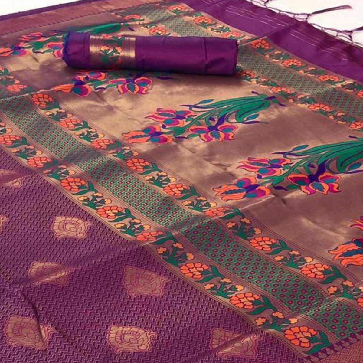 Magnetic Purple Colored Festive Wear Woven Pure Soft Silk Saree