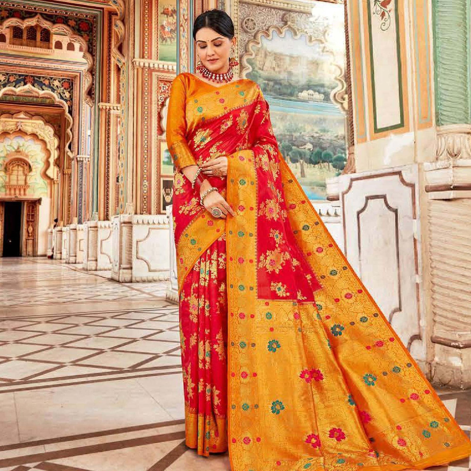 Magnetic Red Colored Festive Wear Woven Art Silk Saree
