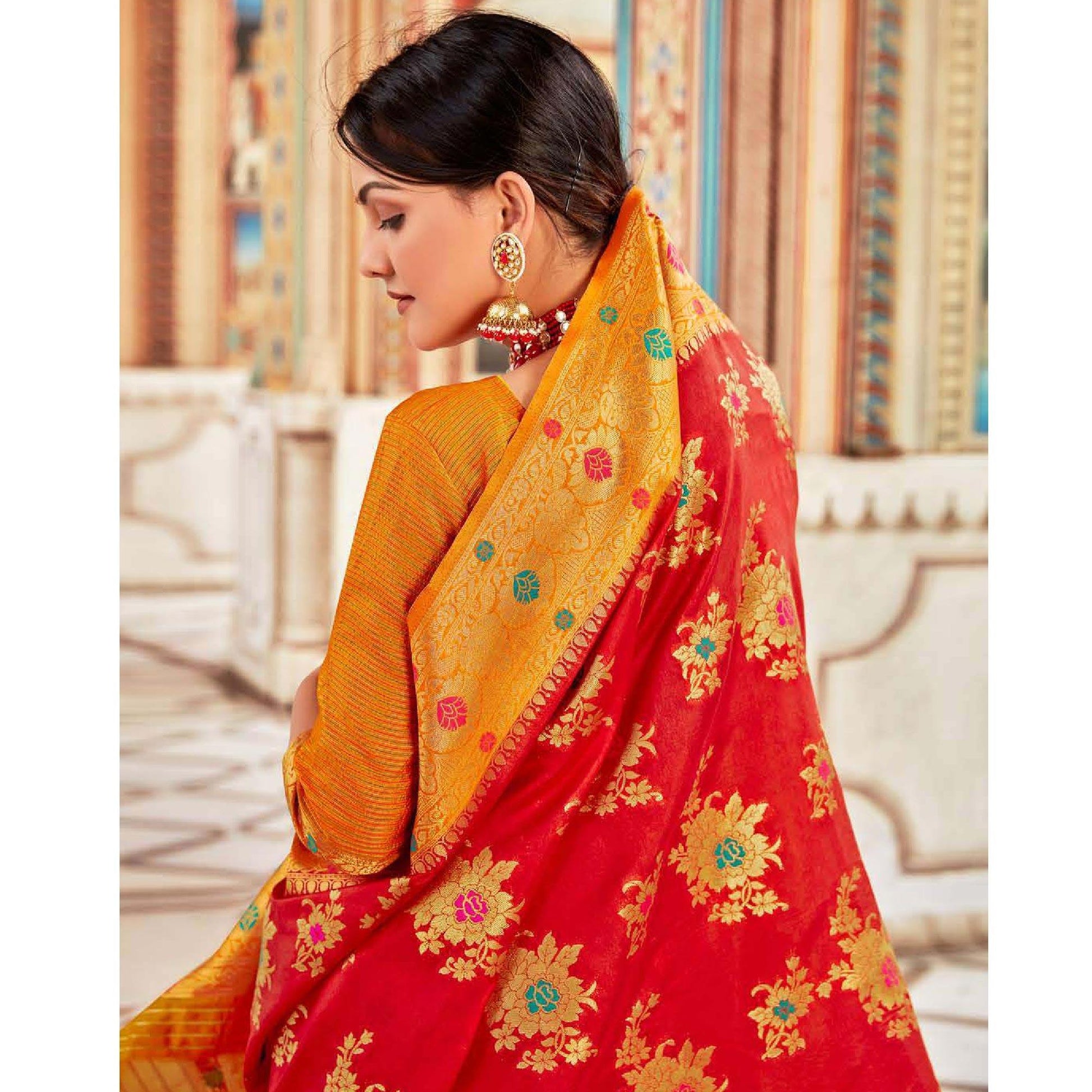 Magnetic Red Colored Festive Wear Woven Art Silk Saree